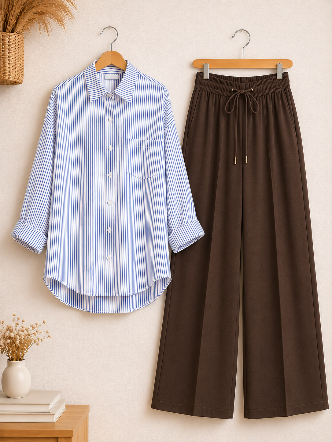 DUO PACK ( WHITE AND BLUE STRIPES BUTTON DOWN SHIRT WITH DARK BROWN FLAPPER TROUSER )