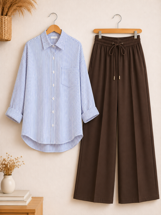 DUO PACK ( WHITE AND BLUE STRIPES BUTTON DOWN SHIRT WITH DARK BROWN FLAPPER TROUSER )