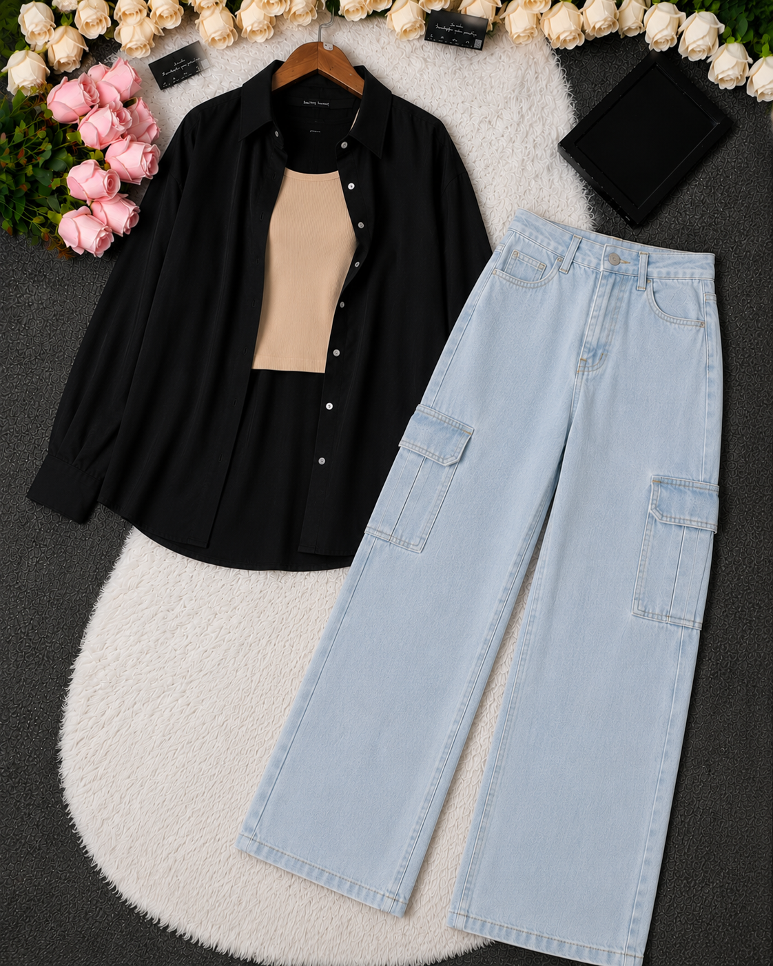 SUMMER TRIO PACK ( BLACK BUTTON DOWN SHIRT WITH BEIGE INNER AND ICE BLUE WIDE LEG CARGO DENIM)