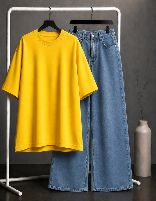 DUO PACK ( YELLOW BAGGY TEE WITH LIGHT BLUE WIDE LEG JEANS )