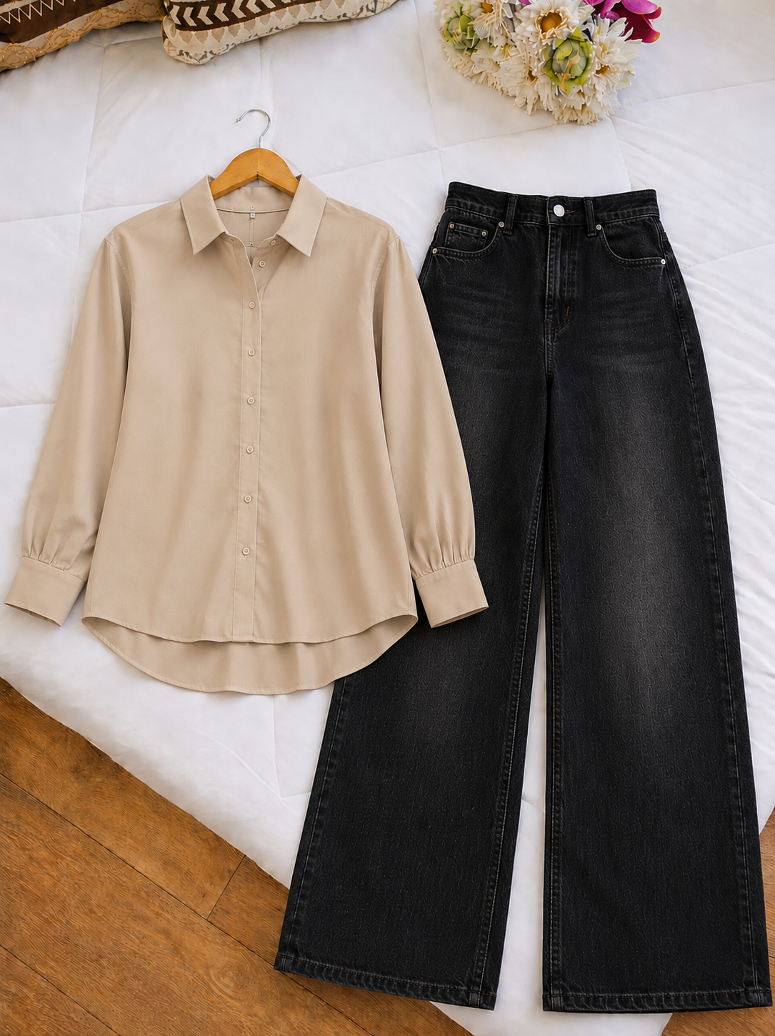 DUO PACK (BEIGE BUTTON DOWN SHIRT WITH MALAYSIAN BLACK WIDE LEG JEANS)