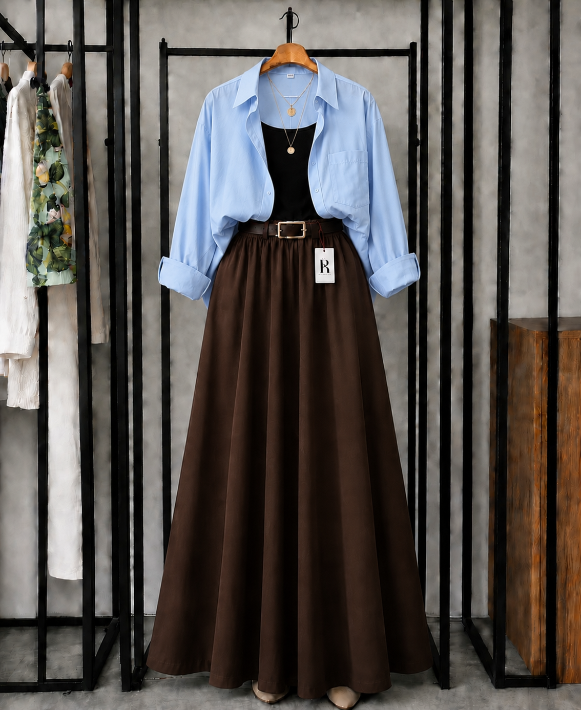 SUMMER TRIO PACK ( SKY BLUE BUTTON DOWN SHIRT WITH BLACK INNER AND DARK BROWN MAXI SKIRT)