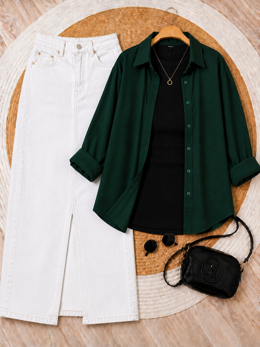 SUMMER TRIO PACK ( BOTTLE GREEN BUTTON DOWN SHIRT WITH BLACK INNER AND WHITE DENIM SKIRT)