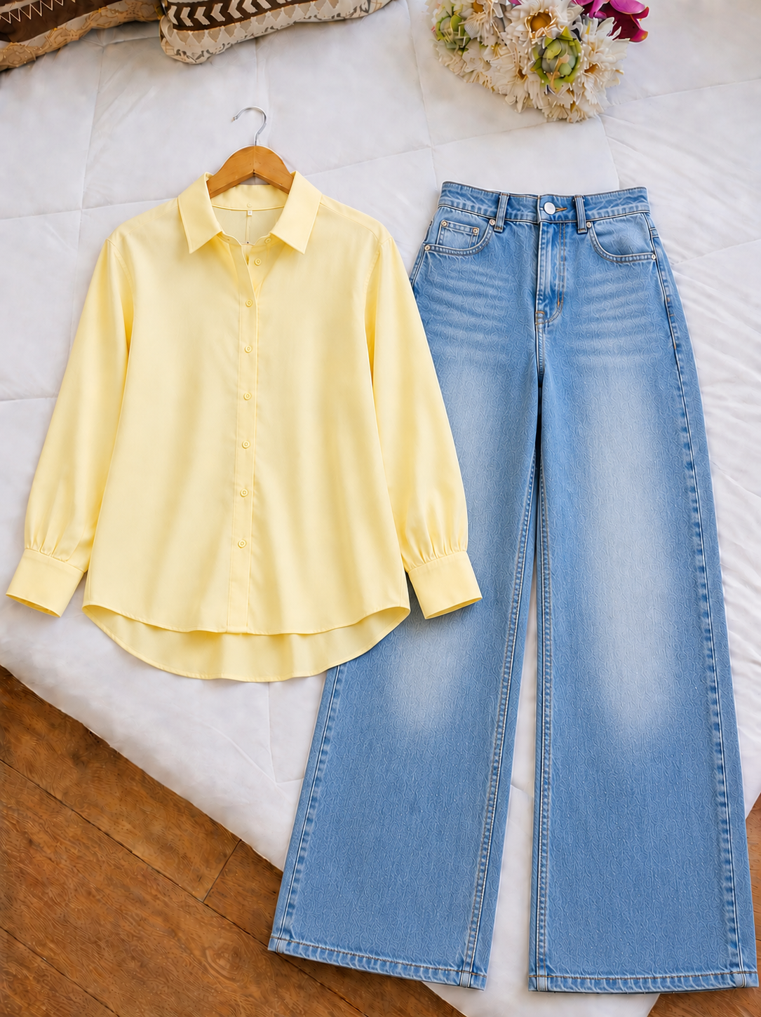 DUO PACK (BUTTER YELLOW BUTTON DOWN SHIRT WITH SKY BLUE FADED WIDE LEG JEANS)