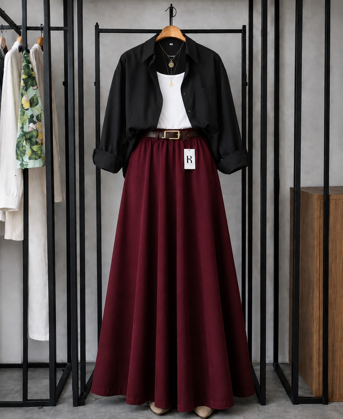 SUMMER TRIO PACK ( BLACK BUTTON DOWN SHIRT WITH WHITE INNER AND MAROON MAXI SKIRT)