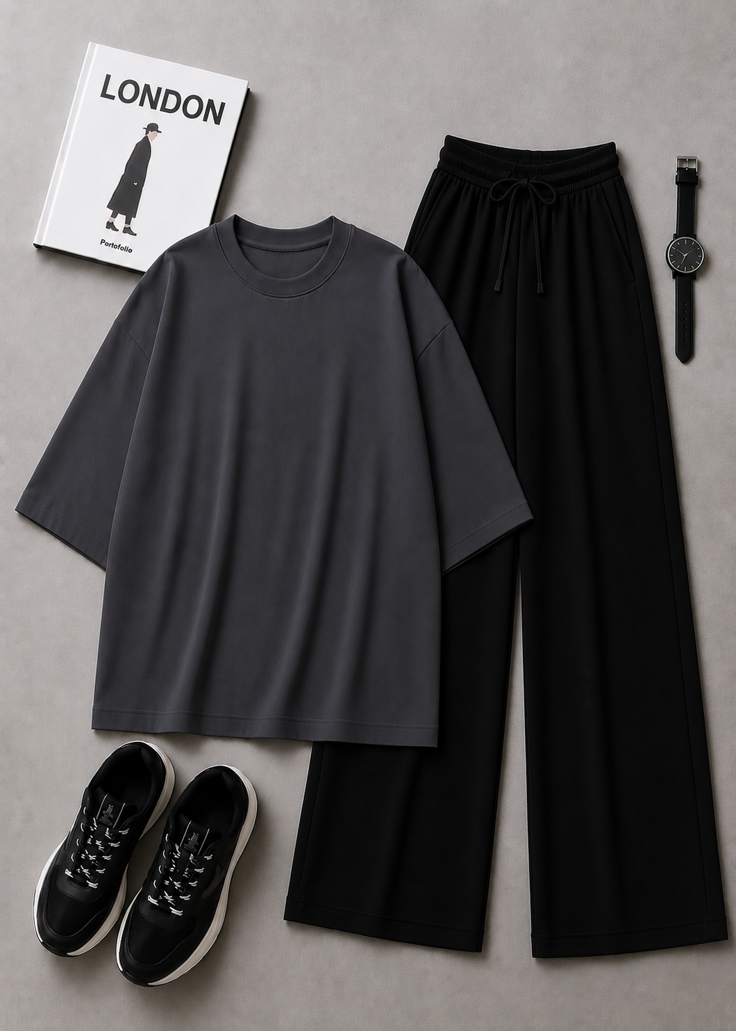 DUO PACK ( DARK GREY BAGGY TEE WITH BLACK FLAPPER TROUSER)