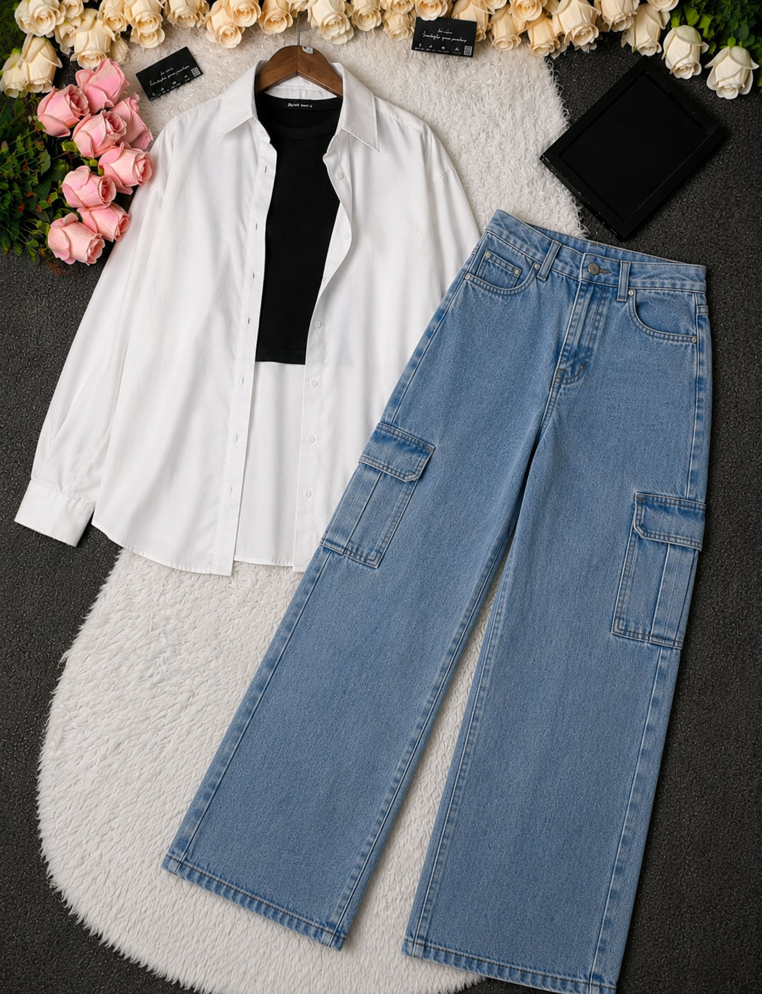 SUMMER TRIO PACK ( WHITE BUTTON DOWN SHIRT WITH BLACK INNER AND MID BLUE CARGO DENIM)