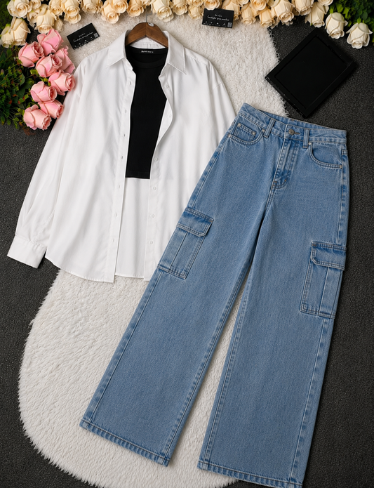 SUMMER TRIO PACK ( WHITE BUTTON DOWN SHIRT WITH BLACK INNER AND MID BLUE CARGO DENIM)