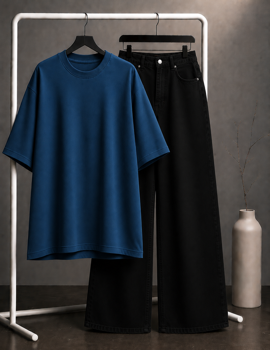 DUO PACK ( PETROLEUM BLUE BAGGY TEE WITH JET BLACK WIDE LEG JEANS )