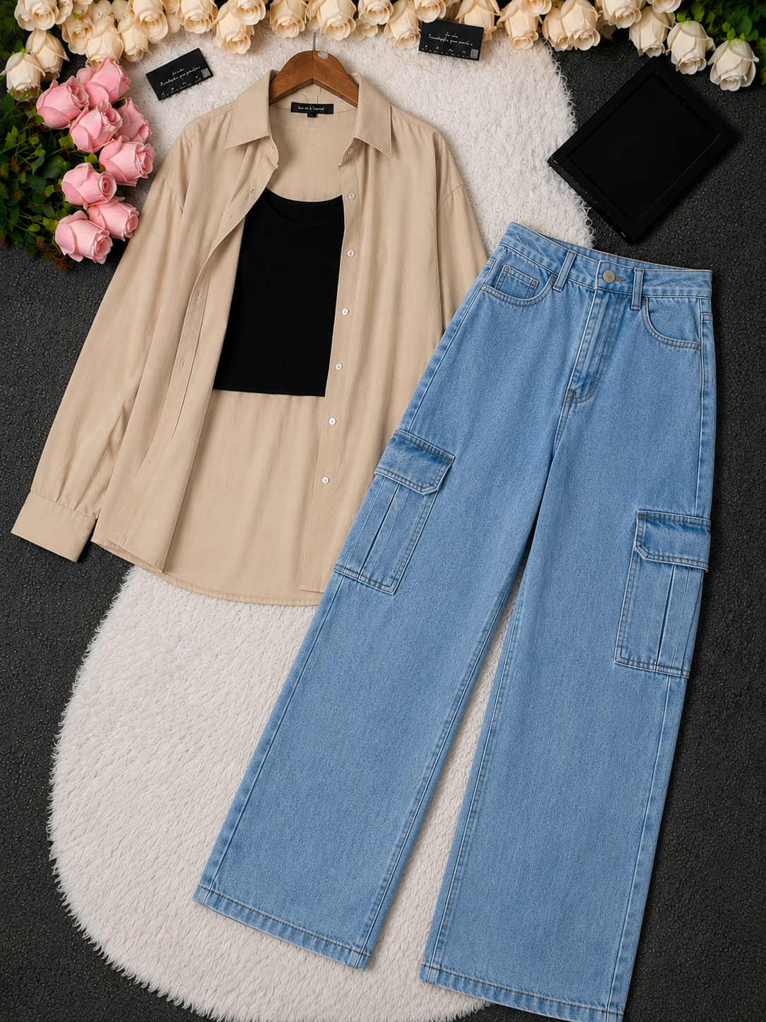 SUMMER TRIO PACK ( BEIGE BUTTON DOWN SHIRT WITH BLACK INNER AND LIGHT BLUE WIDE LEG CARGO DENIM)