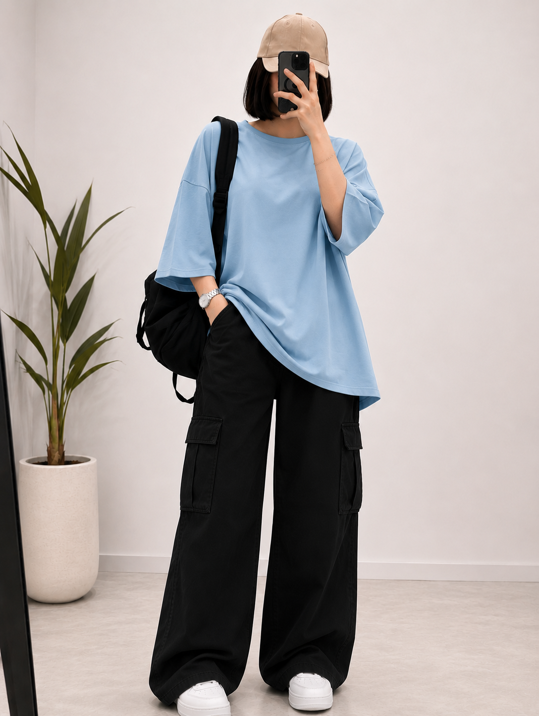 DUO PACK ( SKY BLUE BAGGY TEE WITH BLACK CARGO WIDE LEG JEANS )