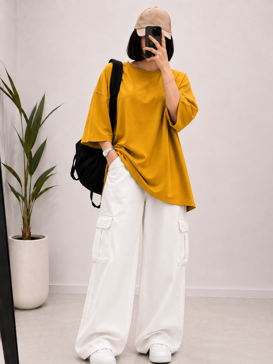 DUO PACK ( MUSTARD BAGGY TEE  WITH WHITE CARGO WIDE LEG JEANS )