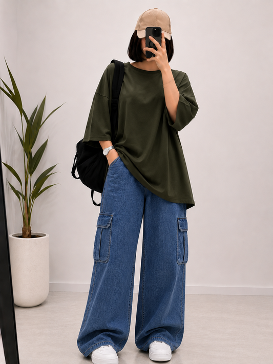 DUO PACK ( OLIVE GREEN BAGGY TEE WITH MID BLUE CARGO WIDE LEG JEANS )