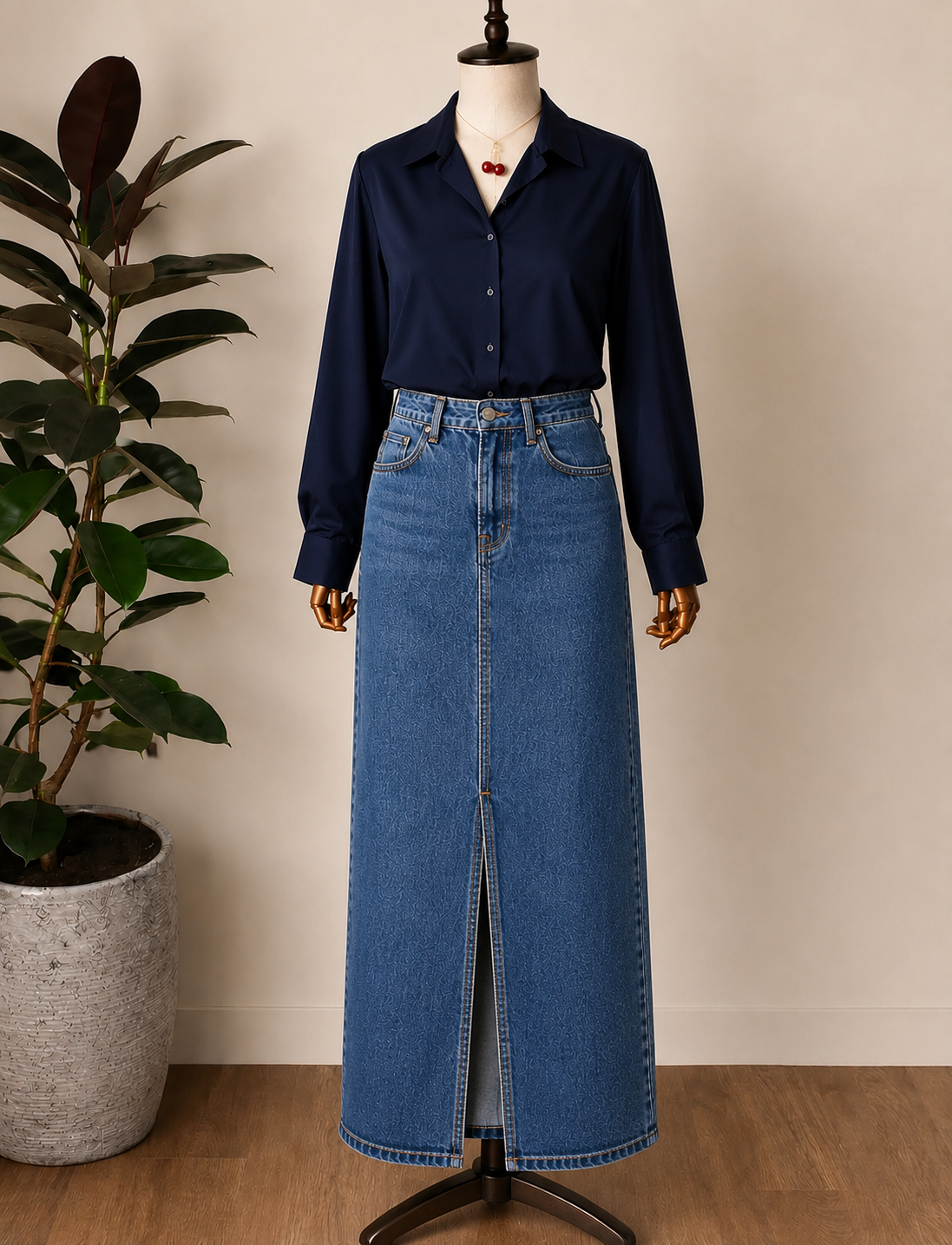DUO PACK ( NAVY BLUE BUTTON DOWN SHIRT WITH MID BLUE DENIM SKIRT ) (Copy)