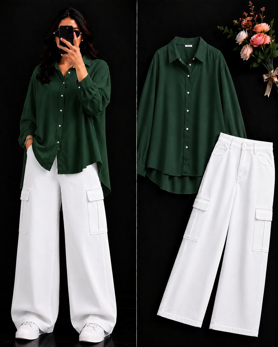 DUO PACK ( BOTTLE GREEN BUTTON DOWN SHIRT WITH WHITE WIDE LEG CARGO DENIM )