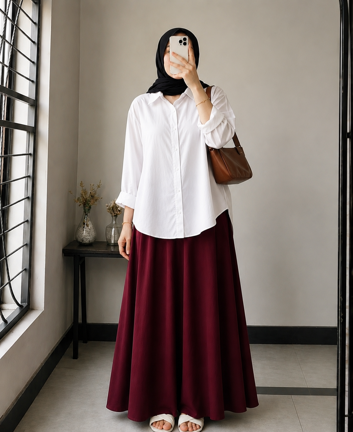 DUO PACK ( WHITE BUTTON DOWN SHIRT WITH MAROON MAXI SKIRT )