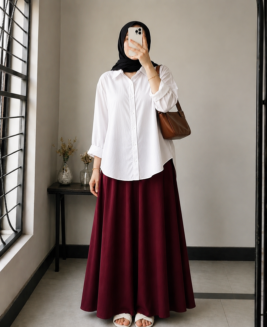 DUO PACK ( WHITE BUTTON DOWN SHIRT WITH MAROON MAXI SKIRT )