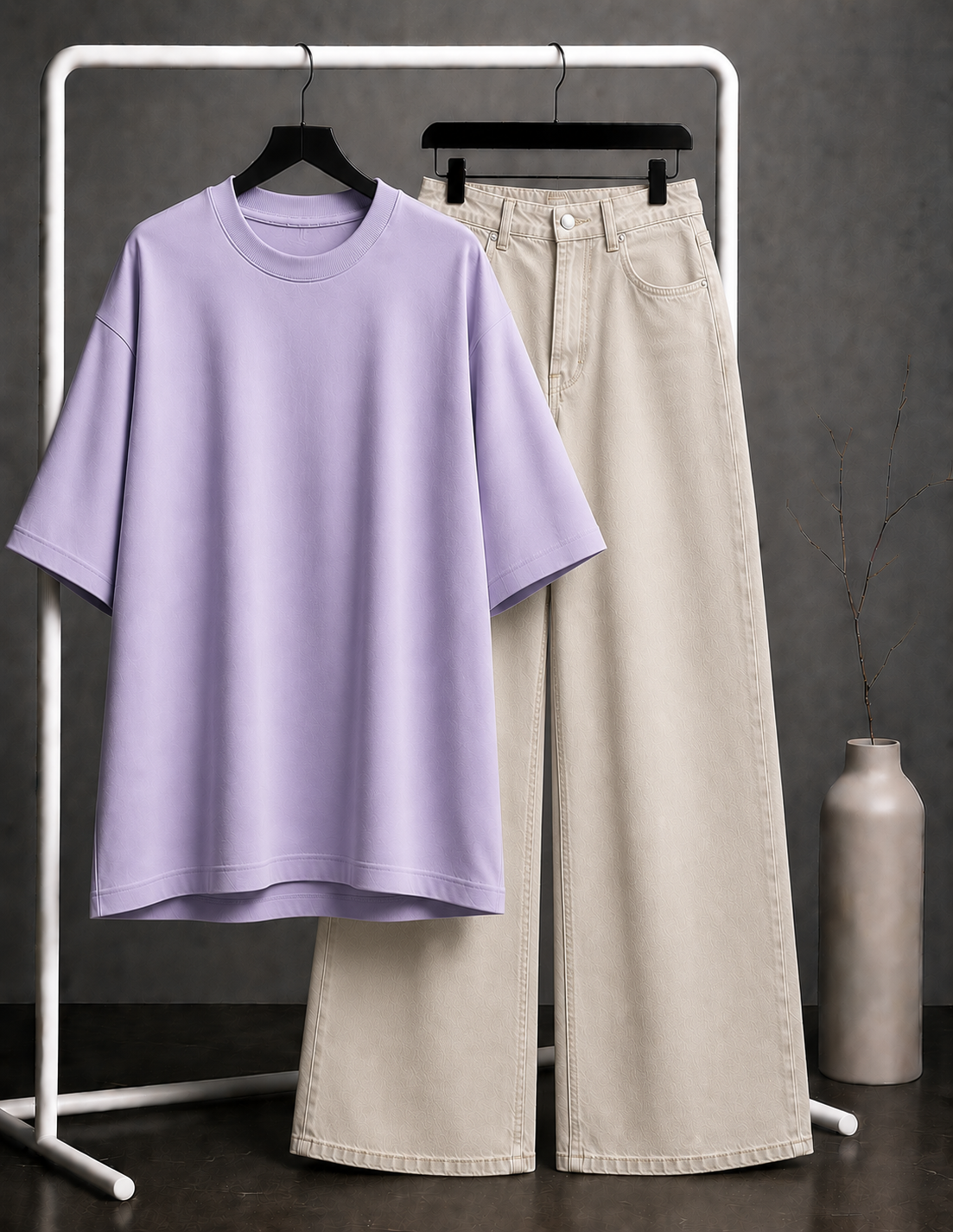 DUO PACK ( LILAC BAGGY TEE WITH BEIGE WIDE LEG JEANS )