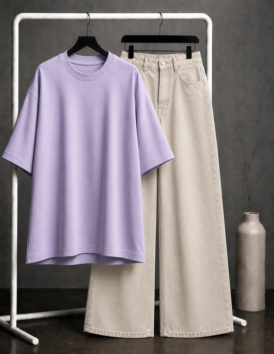 DUO PACK ( LILAC BAGGY TEE WITH BEIGE WIDE LEG JEANS )