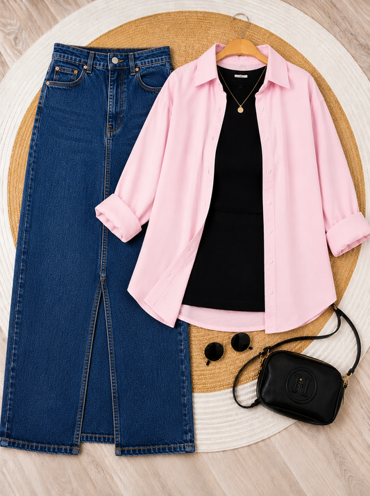 SUMMER TRIO PACK ( BABY PINK BUTTON DOWN SHIRT WITH BLACK INNER AND DARK MID BLUE DENIM SKIRT )