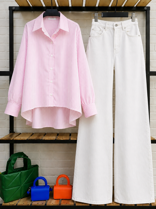DUO PACK ( WHITE AND PINK STRIPES BUTTON DOWN SHIRT WITH WHITE WIDE LEG JEANS )