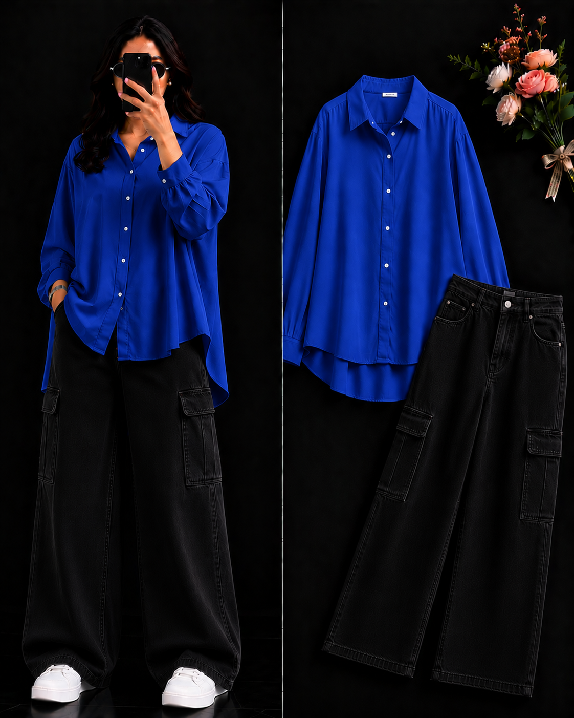 DUO PACK ( ROYAL BLUE BUTTON DOWN SHIRT WITH BLACK WIDE LEG CARGO DENIM )
