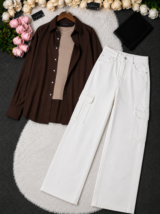 SUMMER TRIO PACK ( BROWN BUTTON DOWN SHIRT WITH BEIGE INNER AND WHITE WIDE LEG CARGO DENIM.)