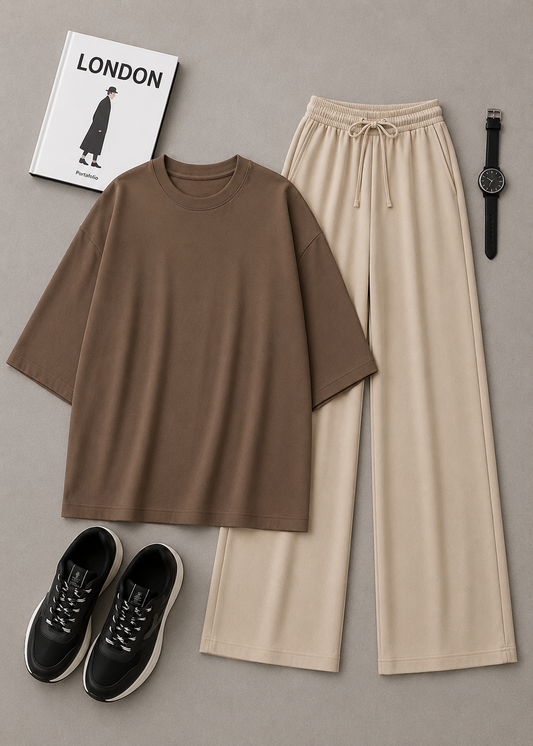 DUO PACK ( COFFEE BROWN BAGGY TEE WITH BEIGE FLAPPER TROUSER )