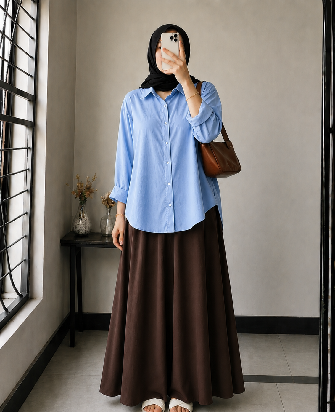 DUO PACK ( SKY BLUE BUTTON DOWN SHIRT WITH DARK BROWN MAXI SKIRT )