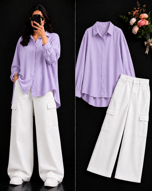 DUO PACK ( LILAC BUTTON DOWN SHIRT WITH WHITE WIDE LEG CARGO DENIM )