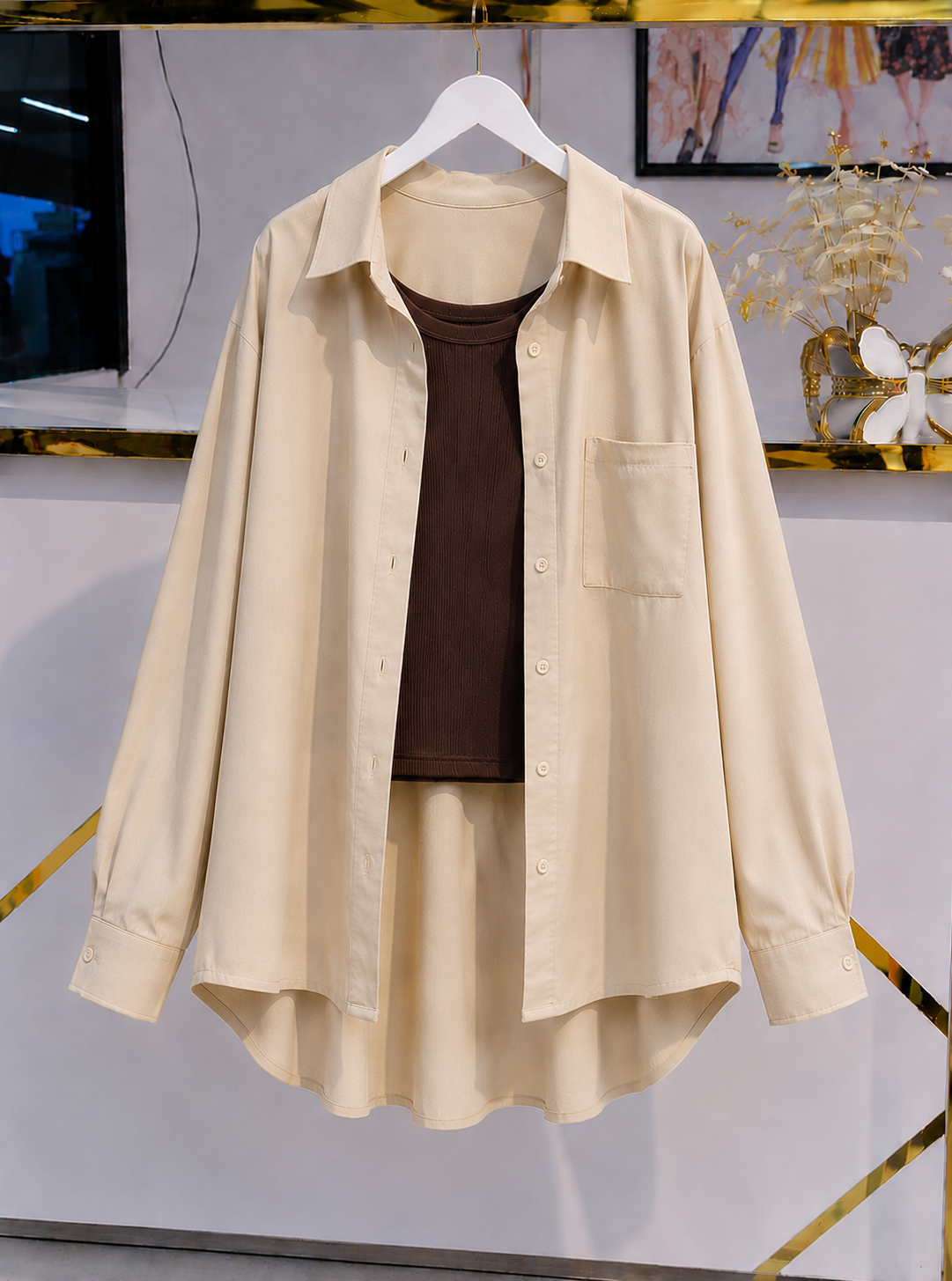 DUO PACK ( BEIGE BUTTON DOWN SHIRT WITH DARK BROWN INNER )