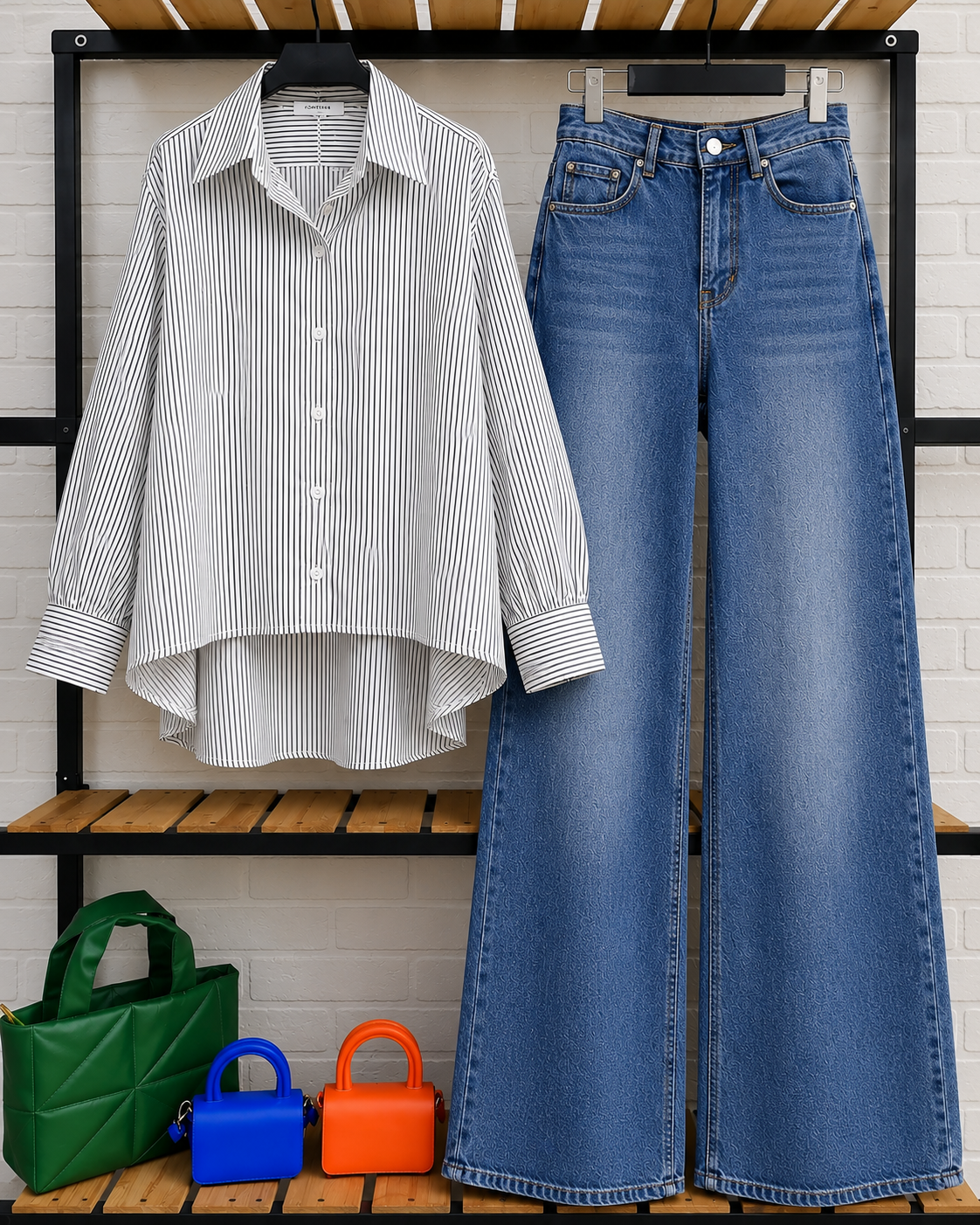 DUO PACK ( WHITE AND BLACK STRIPES BUTTON DOWN SHIRT WITH MID BLUE FADED WIDE LEG JEANS )