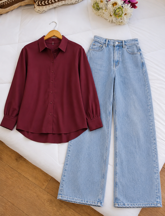 DUO PACK (MAROON BUTTON DOWN SHIRT WITH SKY BLUE WIDE LEG JEANS)