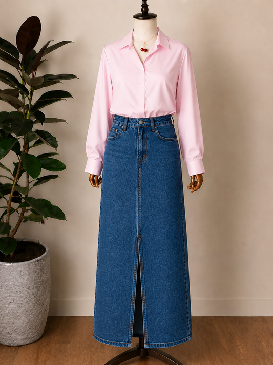 DUO PACK ( BABY PINK BUTTON DOWN SHIRT WITH MID BLUE DENIM SKIRT )