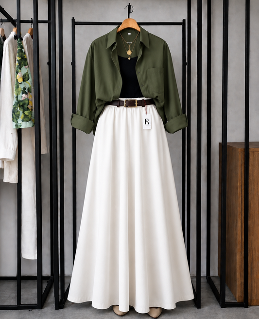 SUMMER TRIO PACK ( OLIVE GREEN BUTTON DOWN SHIRT WITH BLACK INNER AND WHITE MAXI SKIRT )