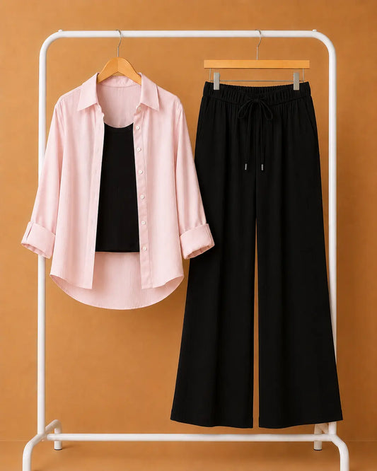 TRIO PACK ( BABY PINK BUTTON DOWN SHIRT WITH BLACK INNER AND BLACK FLAPPER TROUSER)