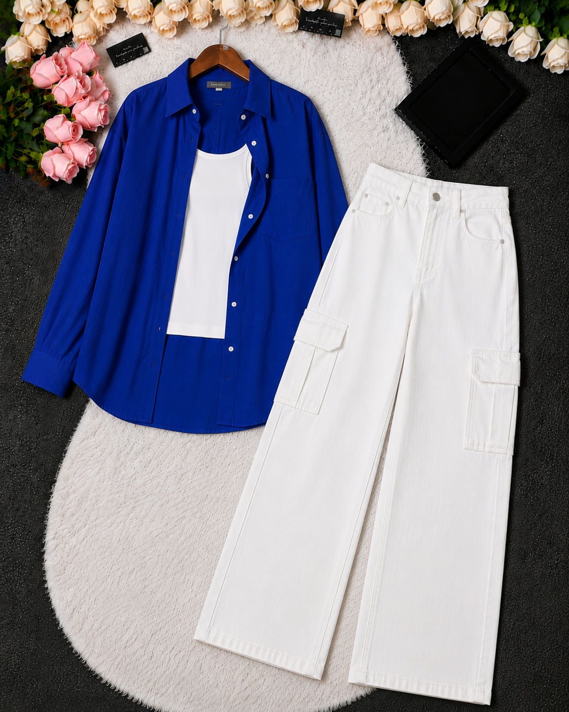 SUMMER TRIO PACK ( ROYAL BLUE BUTTON DOWN SHIRT WITH WHITE INNER AND WHITE WIDE LEG CARGO DENIM)