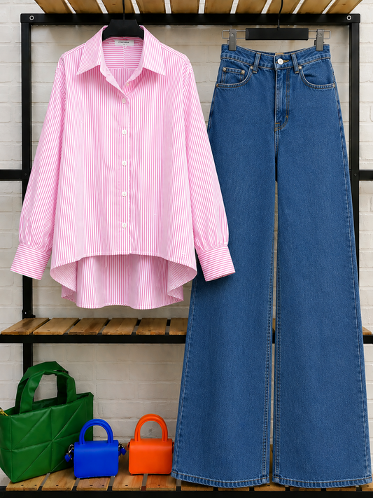 DUO PACK ( WHITE AND PINK STRIPES BUTTON DOWN SHIRT WITH MID BLUE WIDE LEG JEANS )