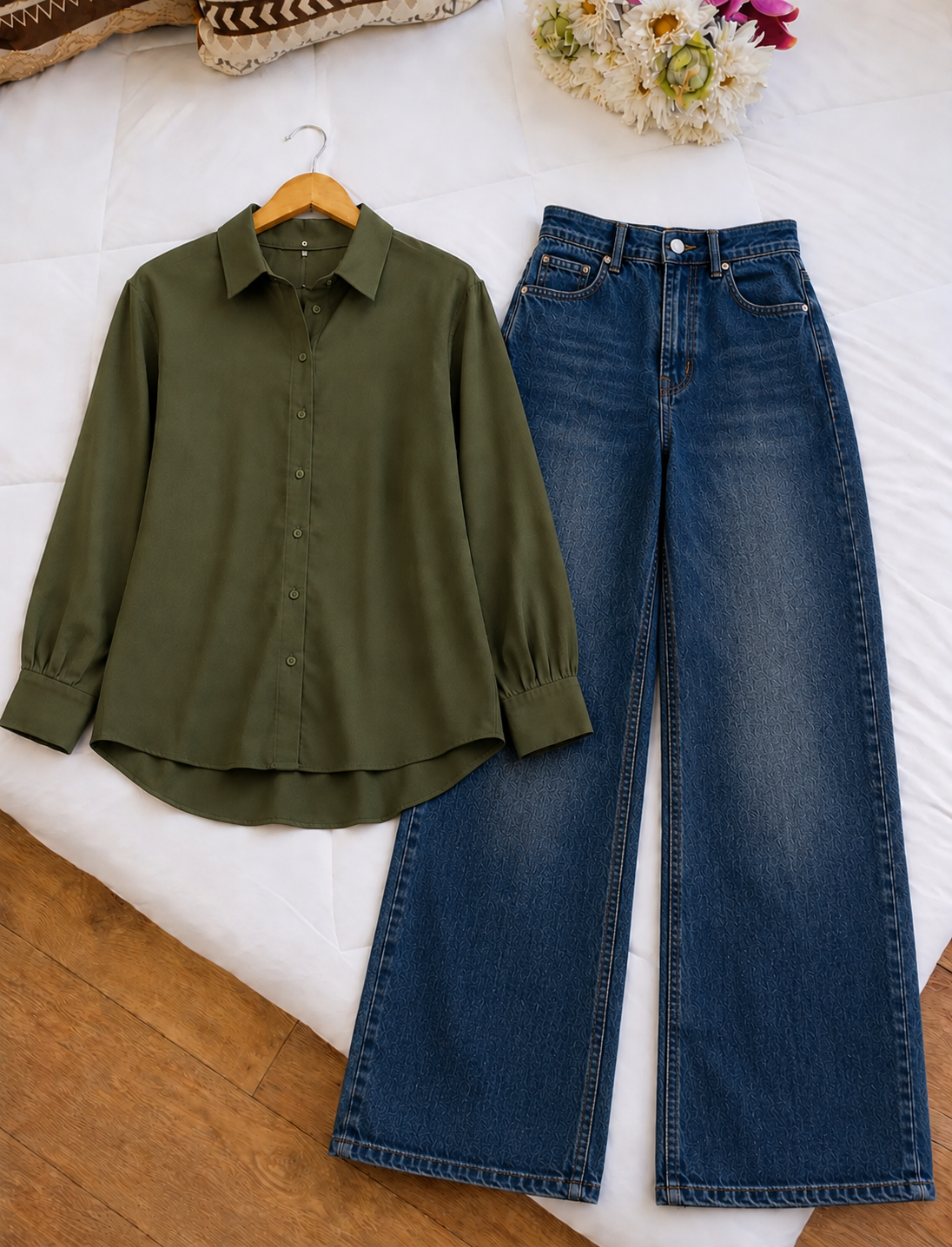 DUO PACK (OLIVE GREEN BUTTON DOWN SHIRT WITH DARK MID BLUE FADED WIDE LEG JEANS.