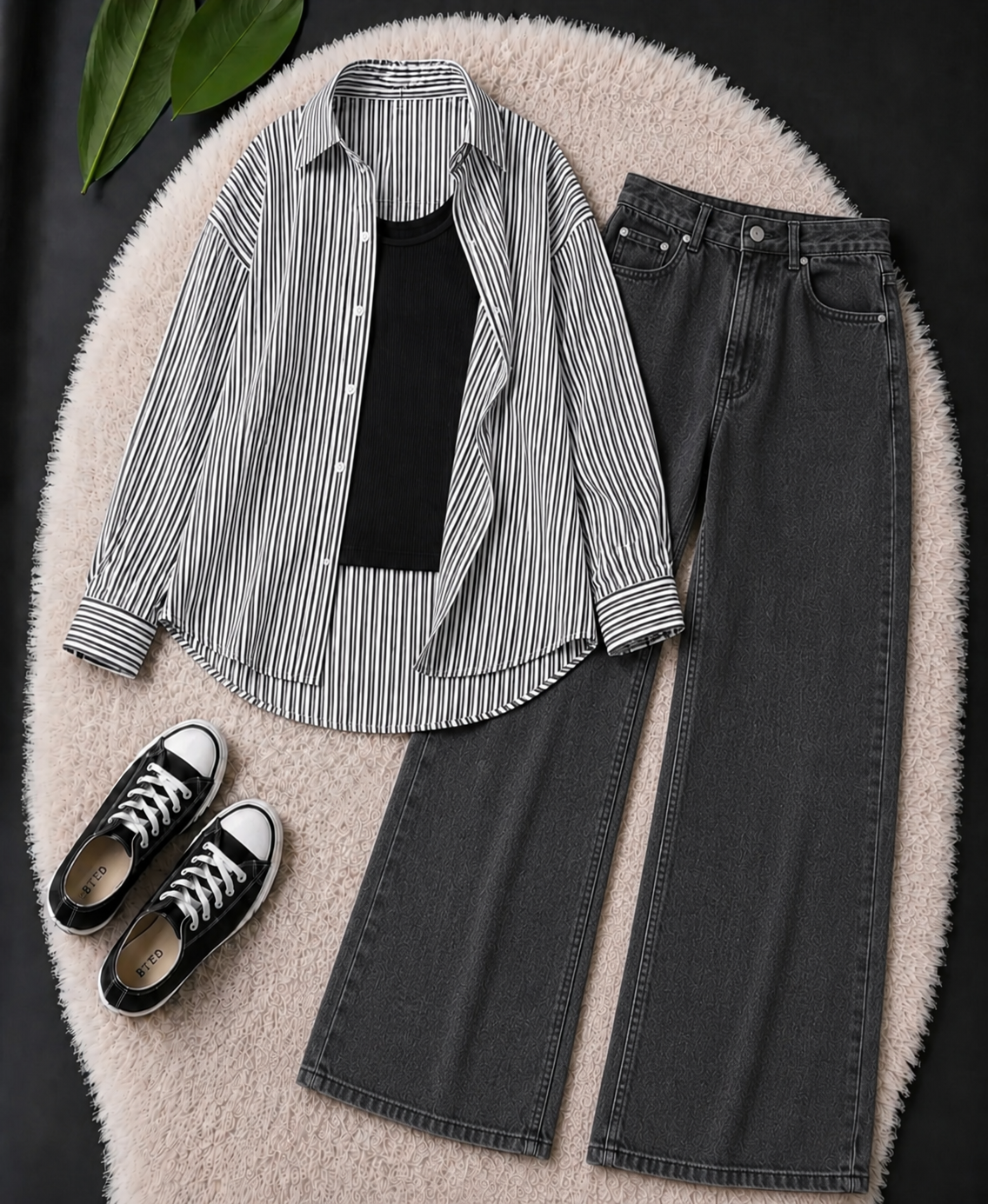 TRIO PACK (WHITE AND BLACK STRIPES BUTTON DOWN SHIRT WITH BLACK INNER AND MALAYSIAN BLACK WIDE LEG JEANS)