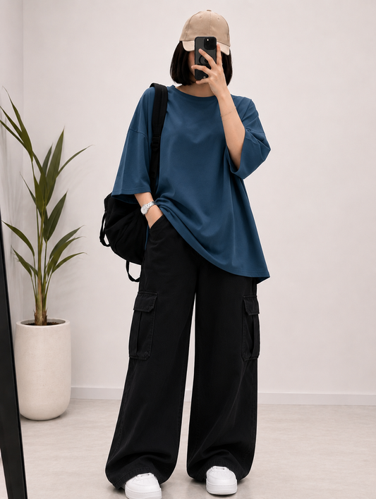 DUO PACK ( PETROLEUM BLUE BAGGY TEE WITH BLACK CARGO WIDE LEG JEANS )