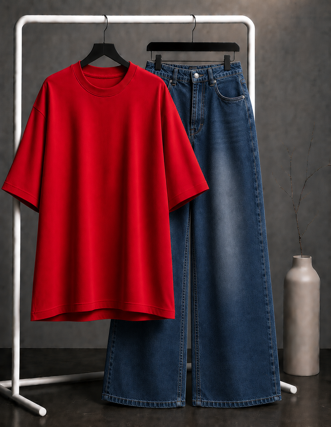 DUO PACK ( RED BAGGY TEE WITH DARK BLUE FADED WIDE LEG JEANS )