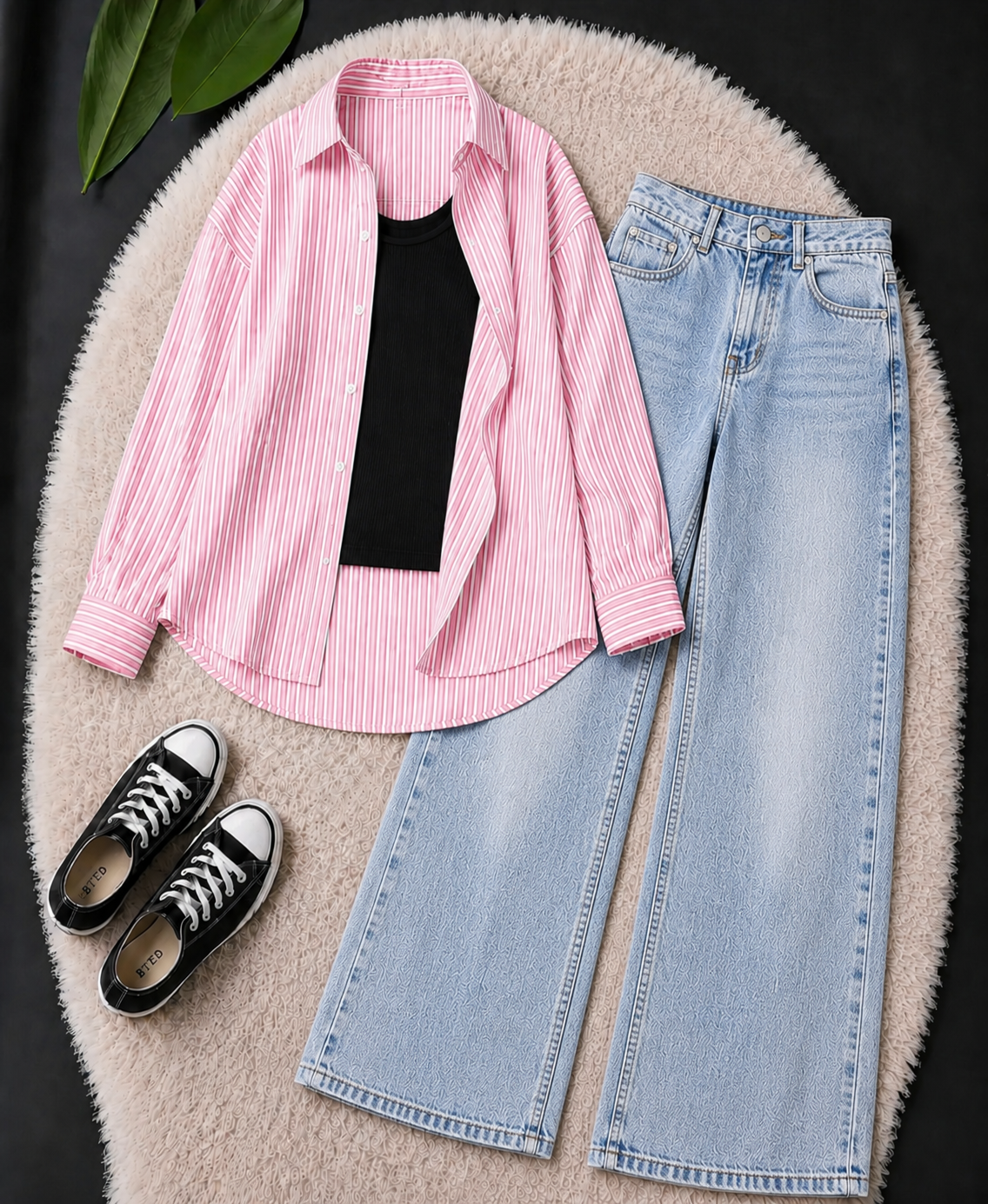 TRIO PACK (WHITE AND PINK STRIPES BUTTON DOWN SHIRT WITH BLACK INNER AND SKY BLUE FADED WIDE LEG JEANS)