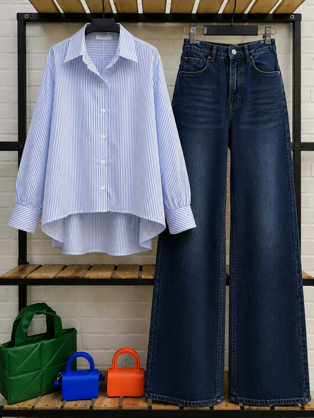 DUO PACK ( WHITE AND BLUE STRIPES BUTTON DOWN SHIRT WITH DARK BLUE FADED WIDE LEG JEANS )