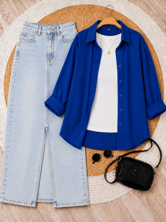 SUMMER TRIO PACK ( ROYAL BLUE BUTTON DOWN SHIRT WITH WHITE INNER AND ICE BLUE DENIM SKIRT )