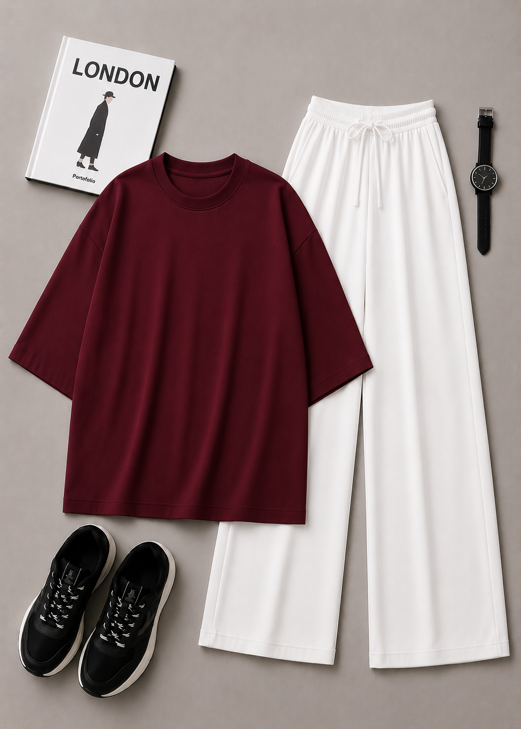 DUO PACK ( MAROON BAGGY TEE WITH WHTE  FLAPPER TROUSER )