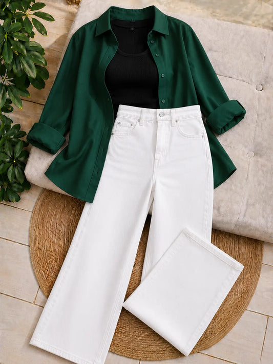 (TRIO PACK) BOTTLE GREEN BUTTON DOWN SHIRT WITH BLACK INNER AND WHITE WIDE LEG JEANS