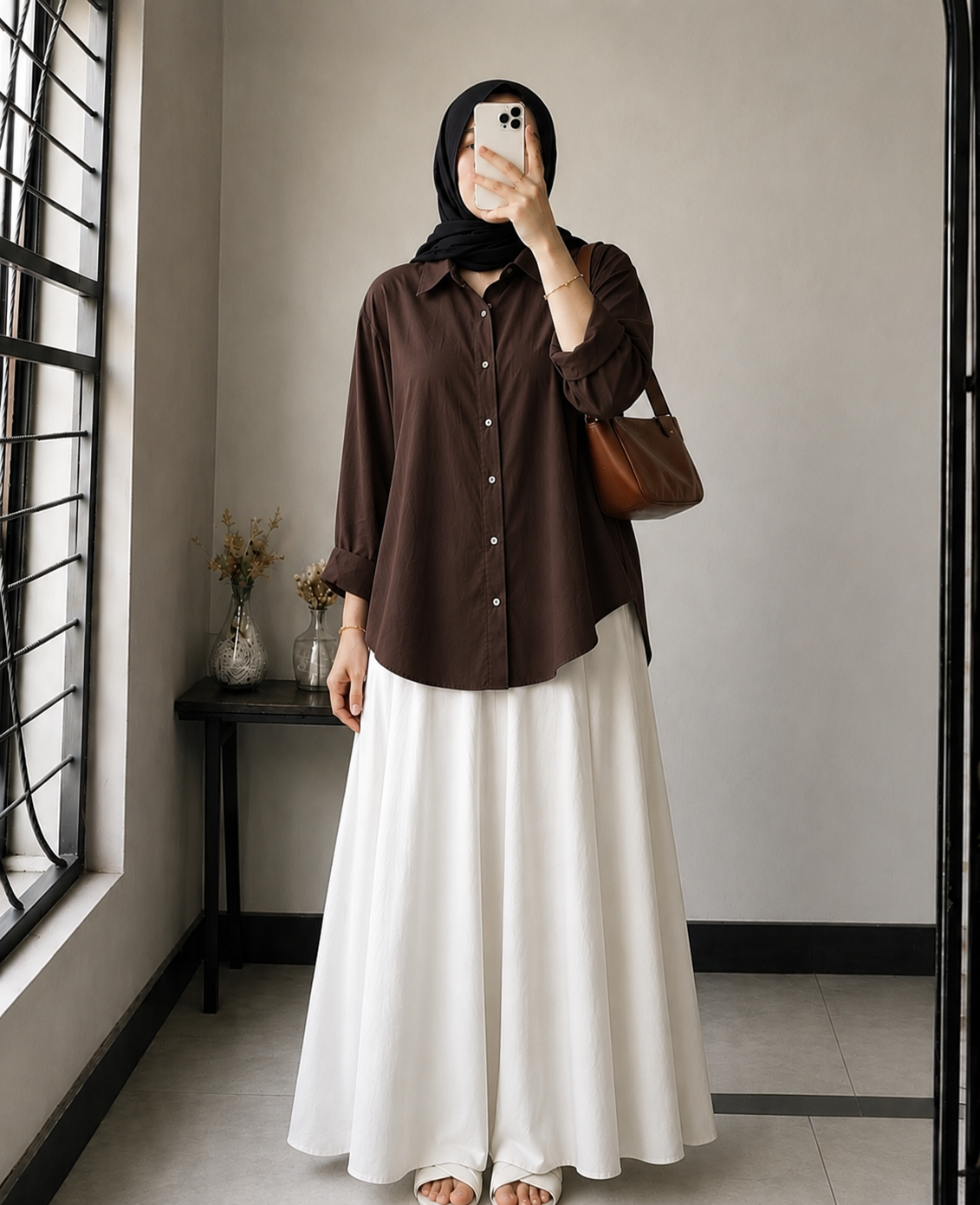 DUO PACK ( DARK BROWN BUTTON DOWN SHIRT WITH WHITE MAXI SKIRT )