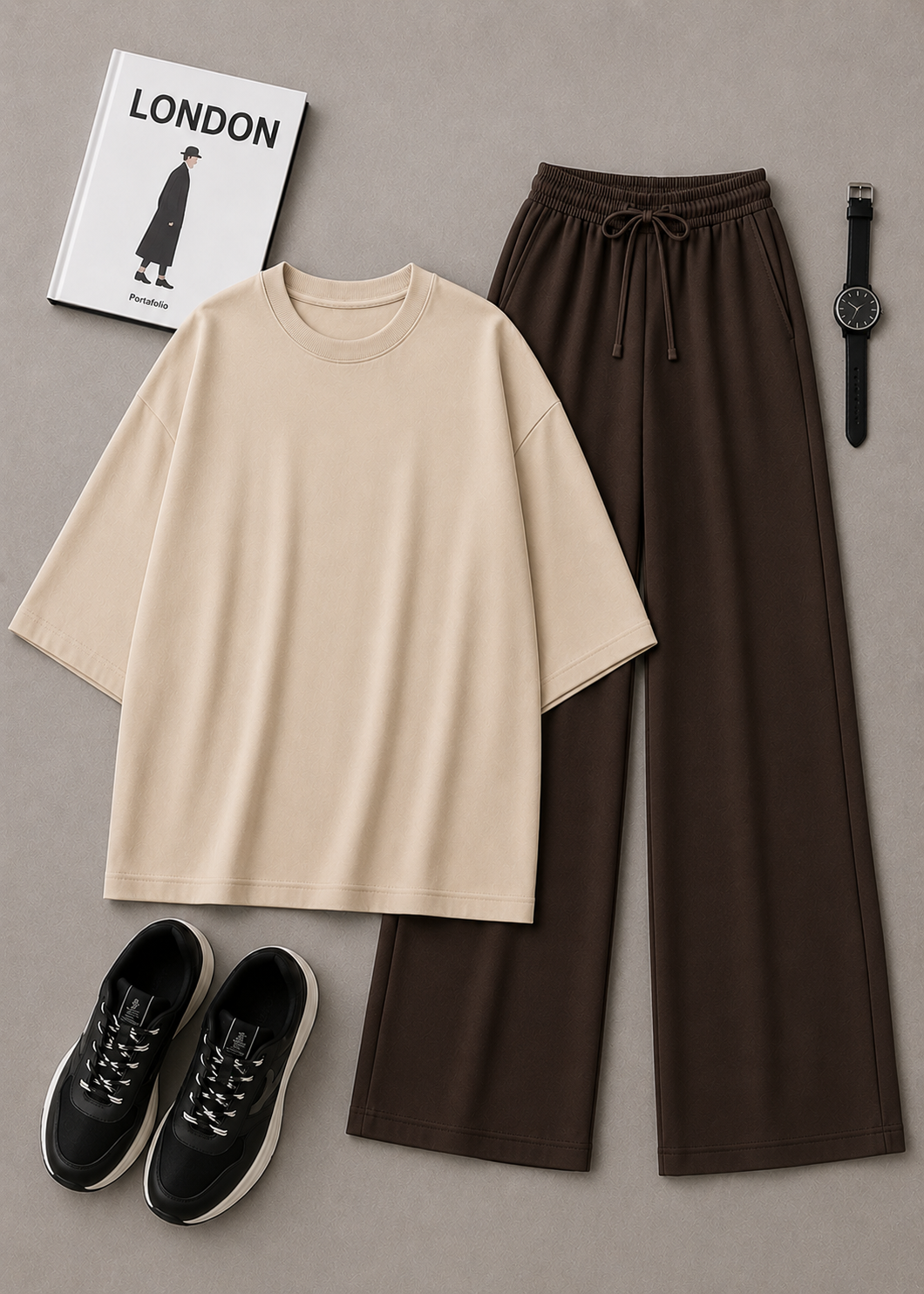 DUO PACK ( BEIGE BAGGY TEE WITH DARK BROWN FLAPPER TROUSER )