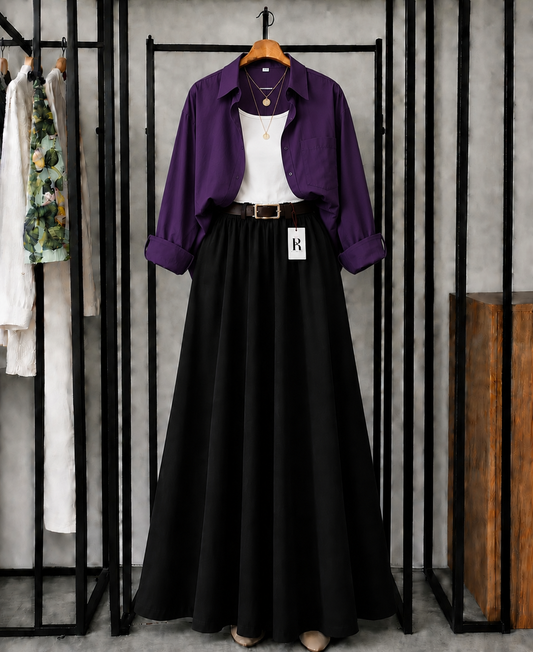 SUMMER TRIO PACK ( DARK PURPLE BUTTON DOWN SHIRT WITH WHITE INNER AND BLACK MAXI SKIRT )